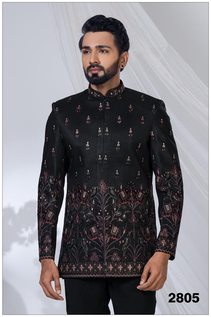 Luxury Black Bird Motif Bandhgala Suit | Modern Designer Reception Outfit | Indian Wedding Wear |