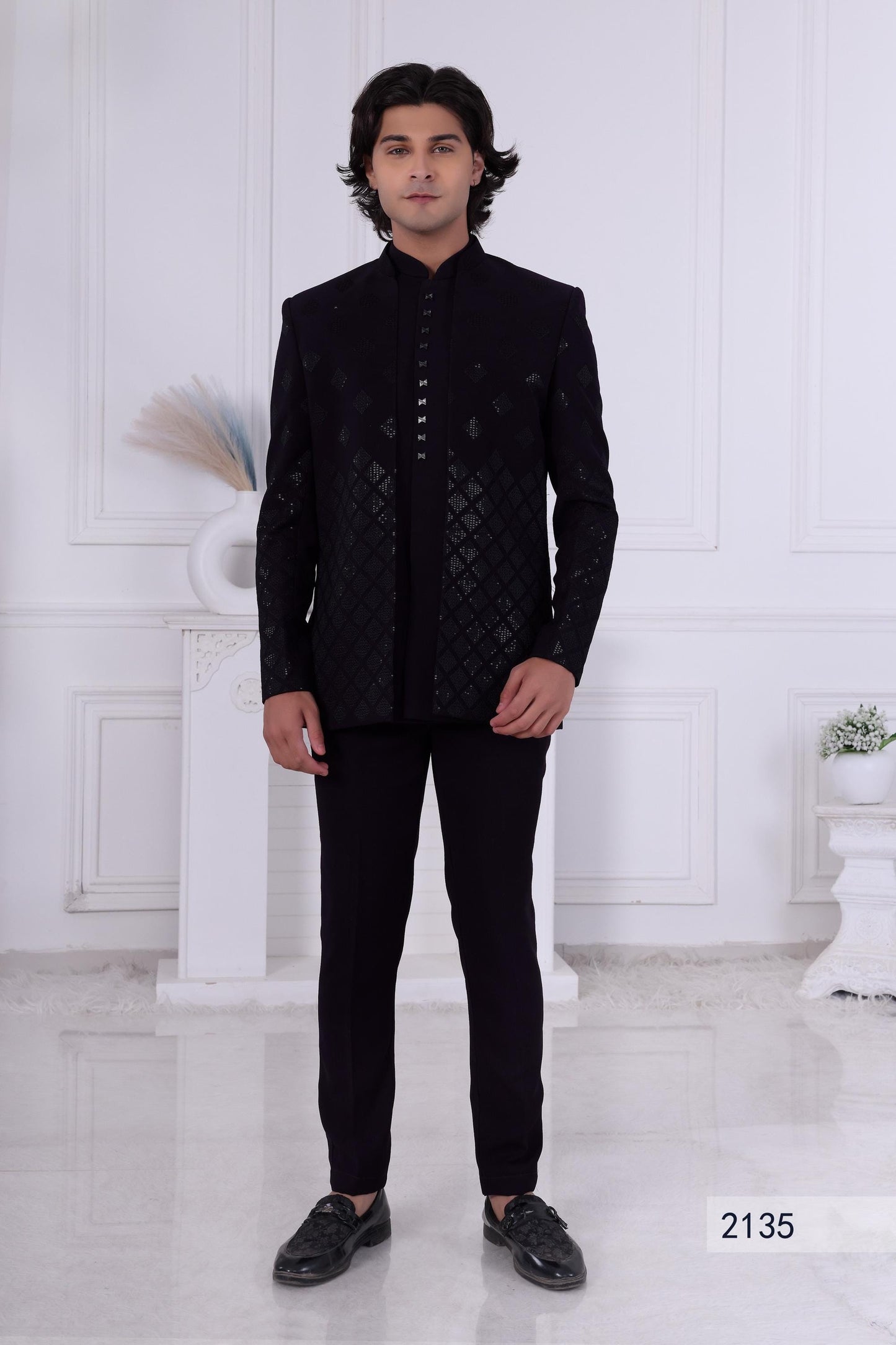 Men's Black-on-Black Sherwani with Cascading Diamond Pattern | Indo Western For Indian Wedding | Jodhpuri Suit