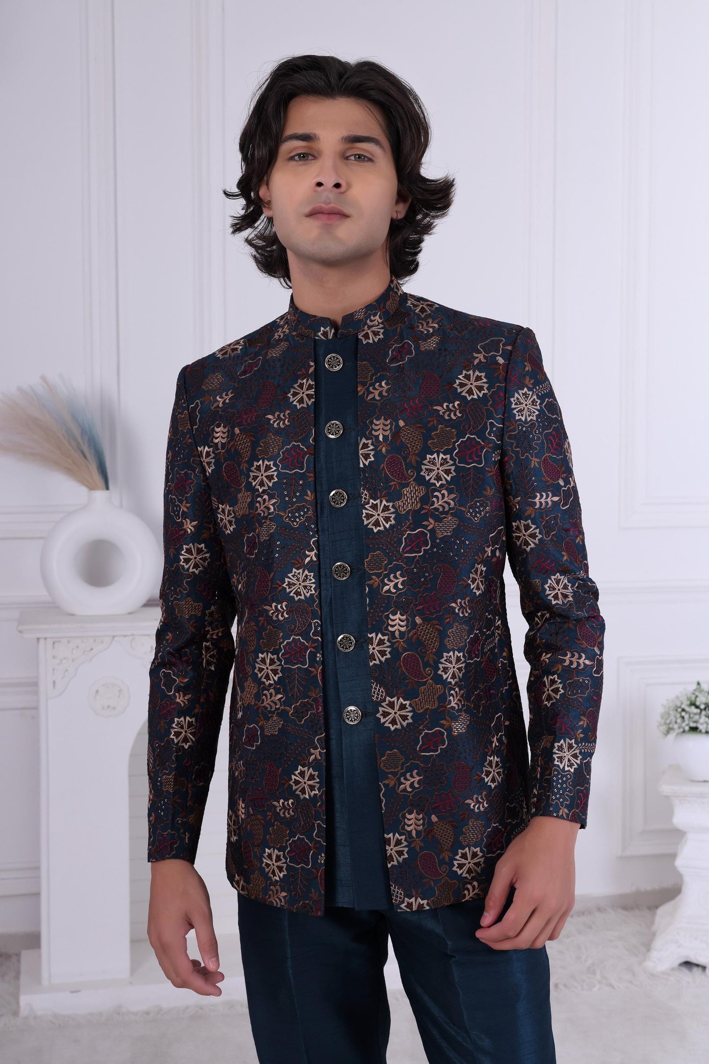 Embroidered Nehru Jacket Set: Indo Western Kurta Churidar Suit
