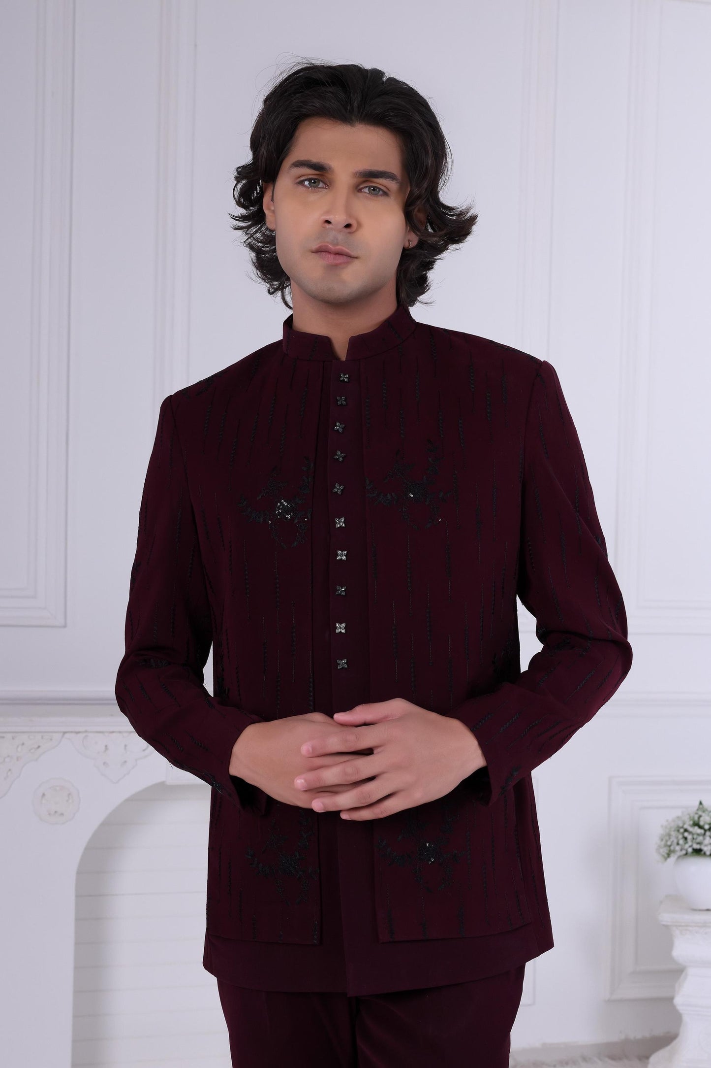 3-Piece Burgundy Indo-Western Suit Sherwani | Designer Jodhpuri Jacket & Kurta | Groom's Reception  Sangeet Outfit