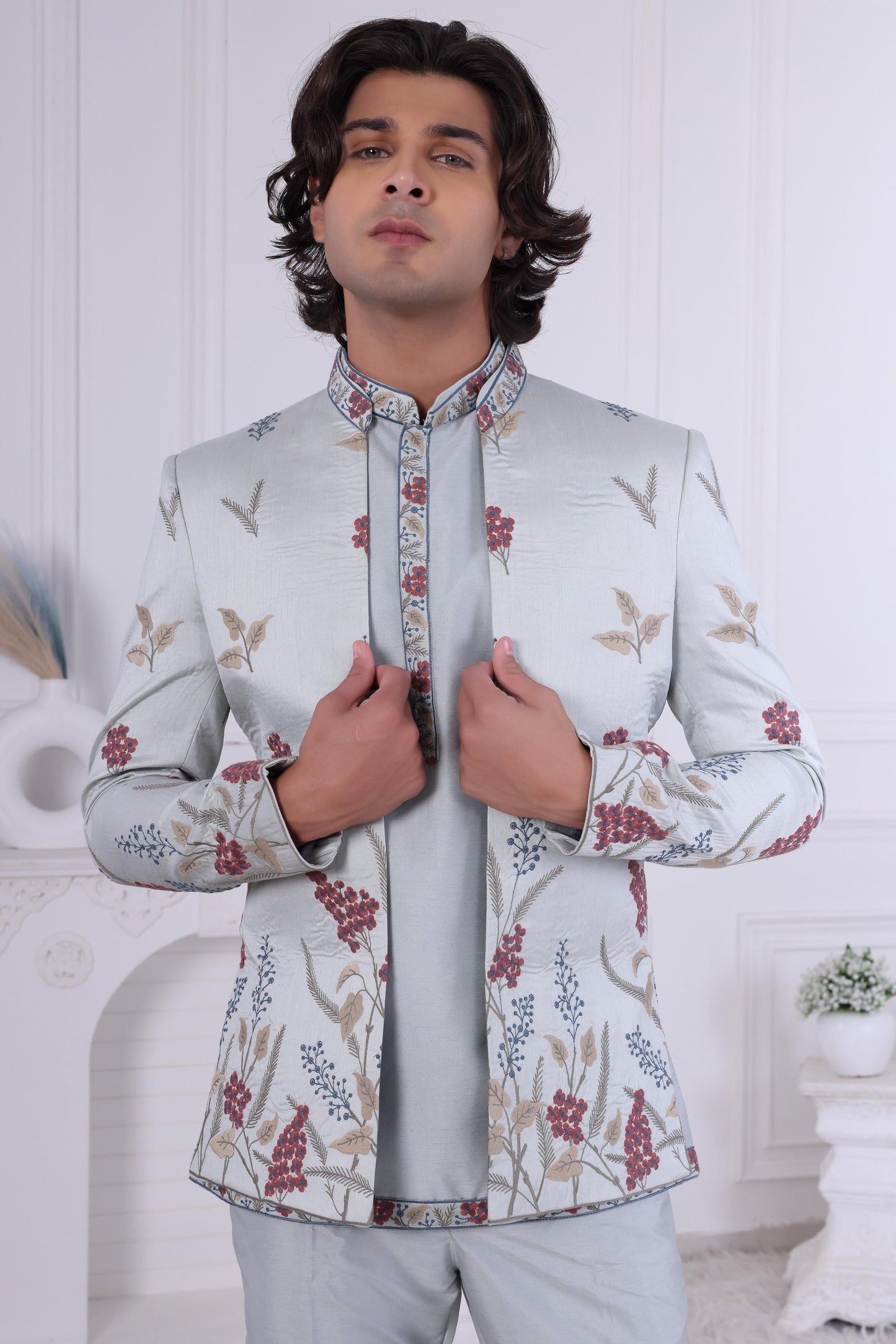 Floral Embroidered Indo-Western Sherwani: Designer Jodhpuri Jacket Outfit