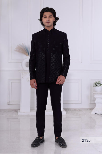 Men's Black-on-Black Sherwani with Cascading Diamond Pattern | Indo Western For Indian Wedding | Jodhpuri Suit