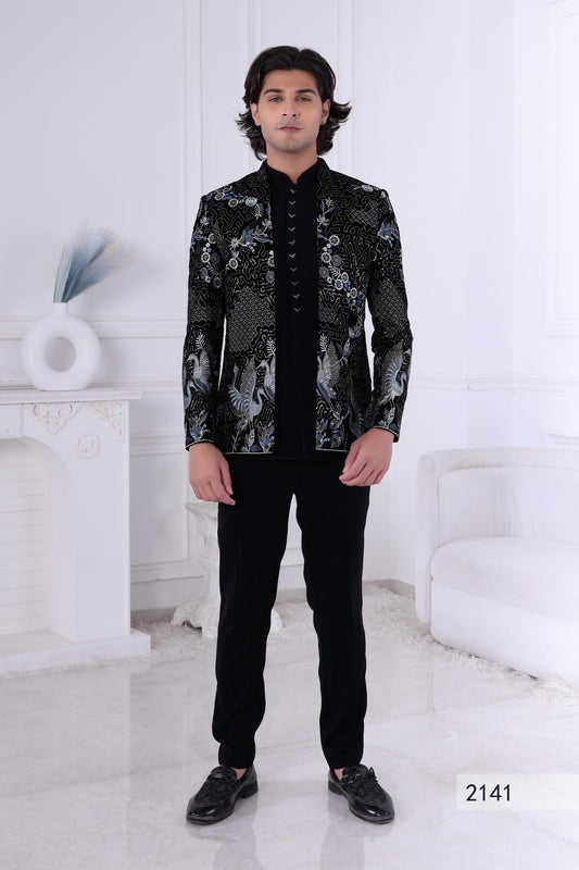 3-Piece Black Velvet Indo-Western Suit | Indian Sherwani | Designer Jacket & Kurta | Groom's Reception Outfit