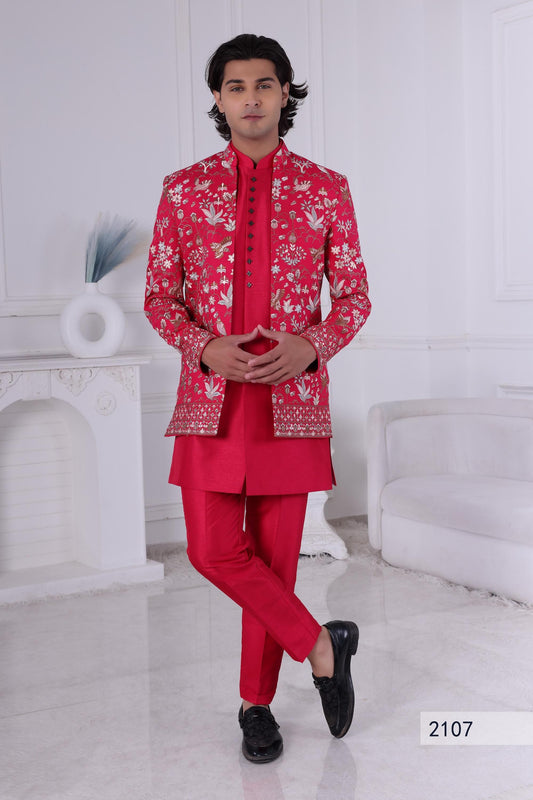 Red Embroidered Sherwani: Groom Wedding Outfit, Customizable Ethnic Attire
