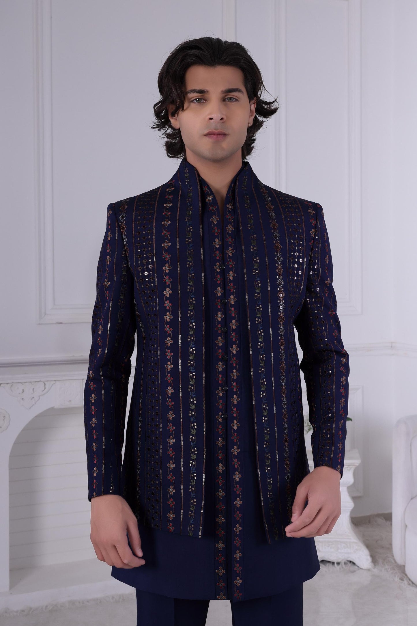 Dark Blue Sherwani: Gold Geometric Indian Wedding Outfit, Custom Tailored