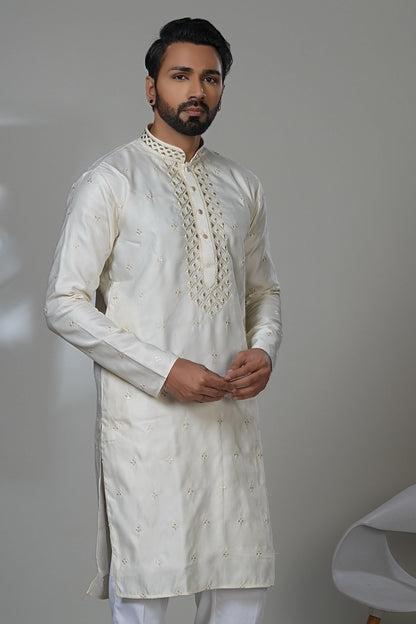 Men's Ivory Embroidered Kurta Set: Elegant Designer Trousers