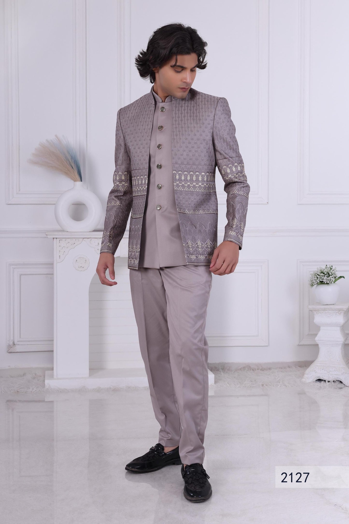 Regal Dusty Lilac Indo-Western with Waistcoat | Architectural Embroidered Jacket | Men's Designer Wedding Sherwani