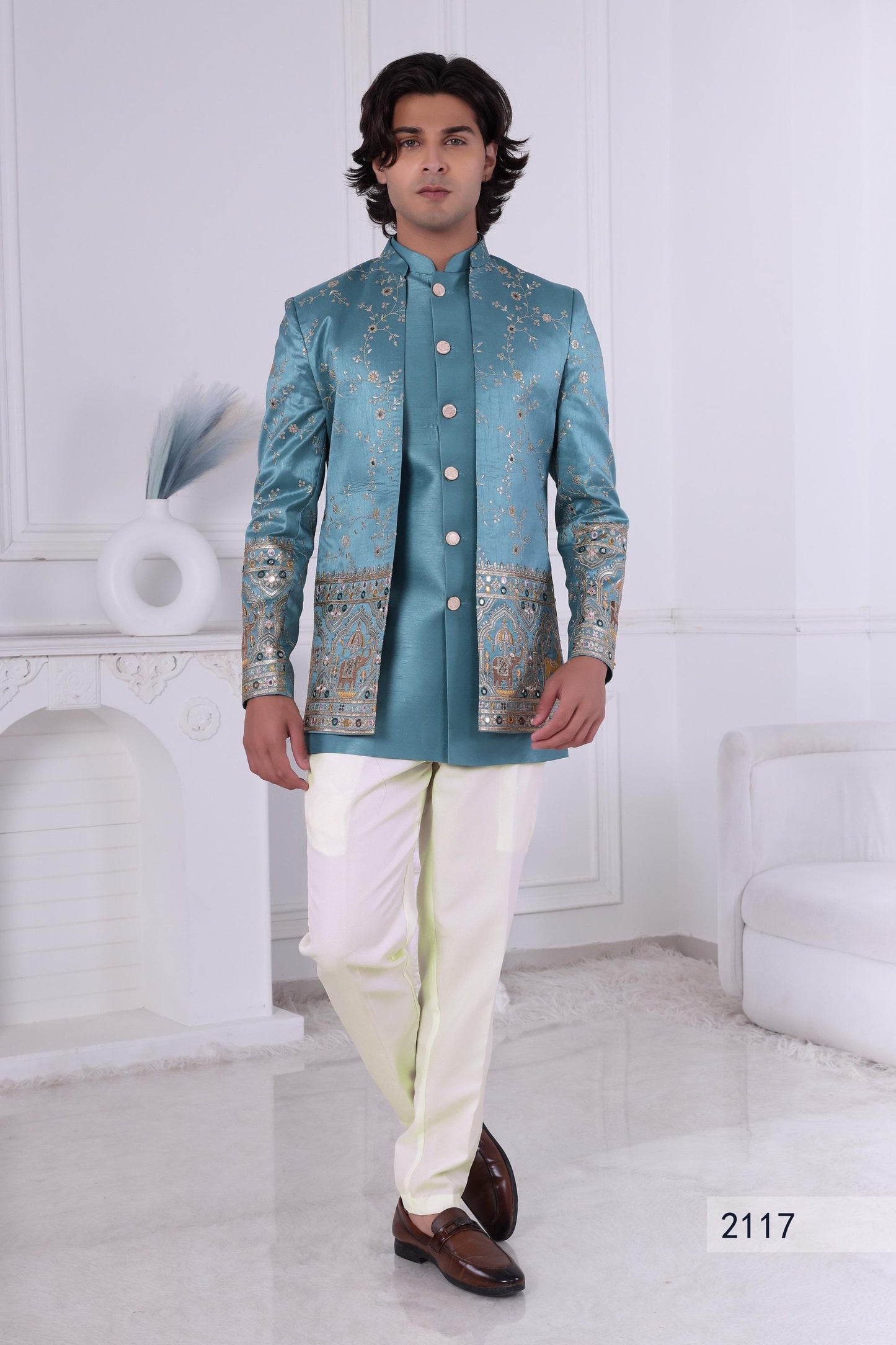 Sherwani Teal Blue Embroidered Jodhpuri Set for Men - Sherwani Wedding & Festive Wear