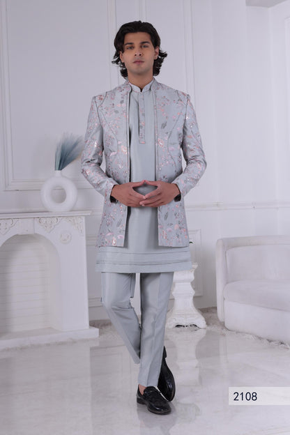 Floral Embroidered Light Grey Sherwani: Groom Wedding Outfit