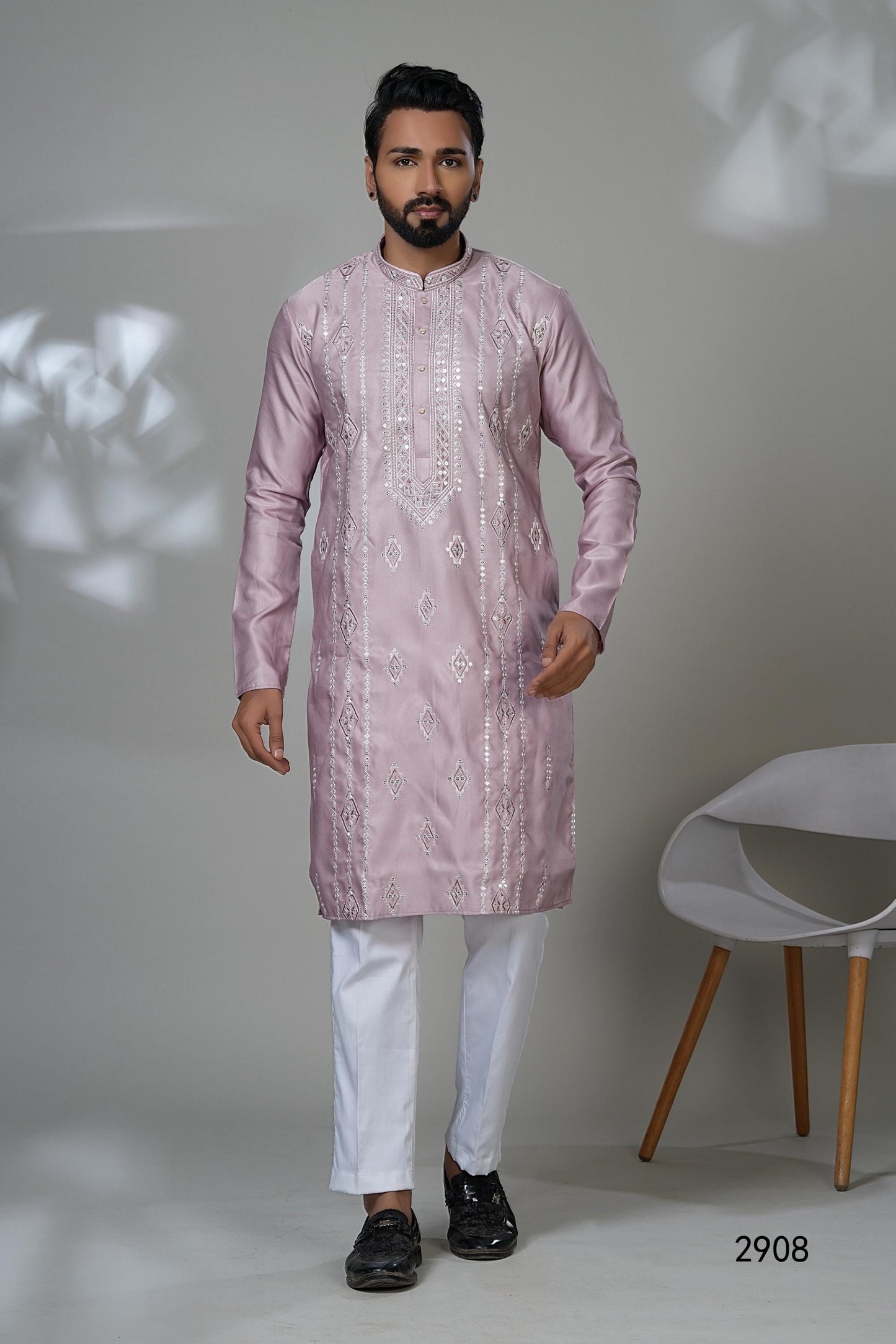 Light Purple Kurta Set: Silver Embroidery, Mirror Work, Festive Menswear