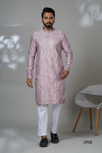 Light Purple Kurta Set: Silver Embroidery, Mirror Work, Festive Menswear