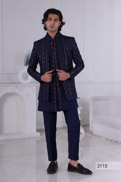 Dark Blue Sherwani: Gold Geometric Indian Wedding Outfit, Custom Tailored