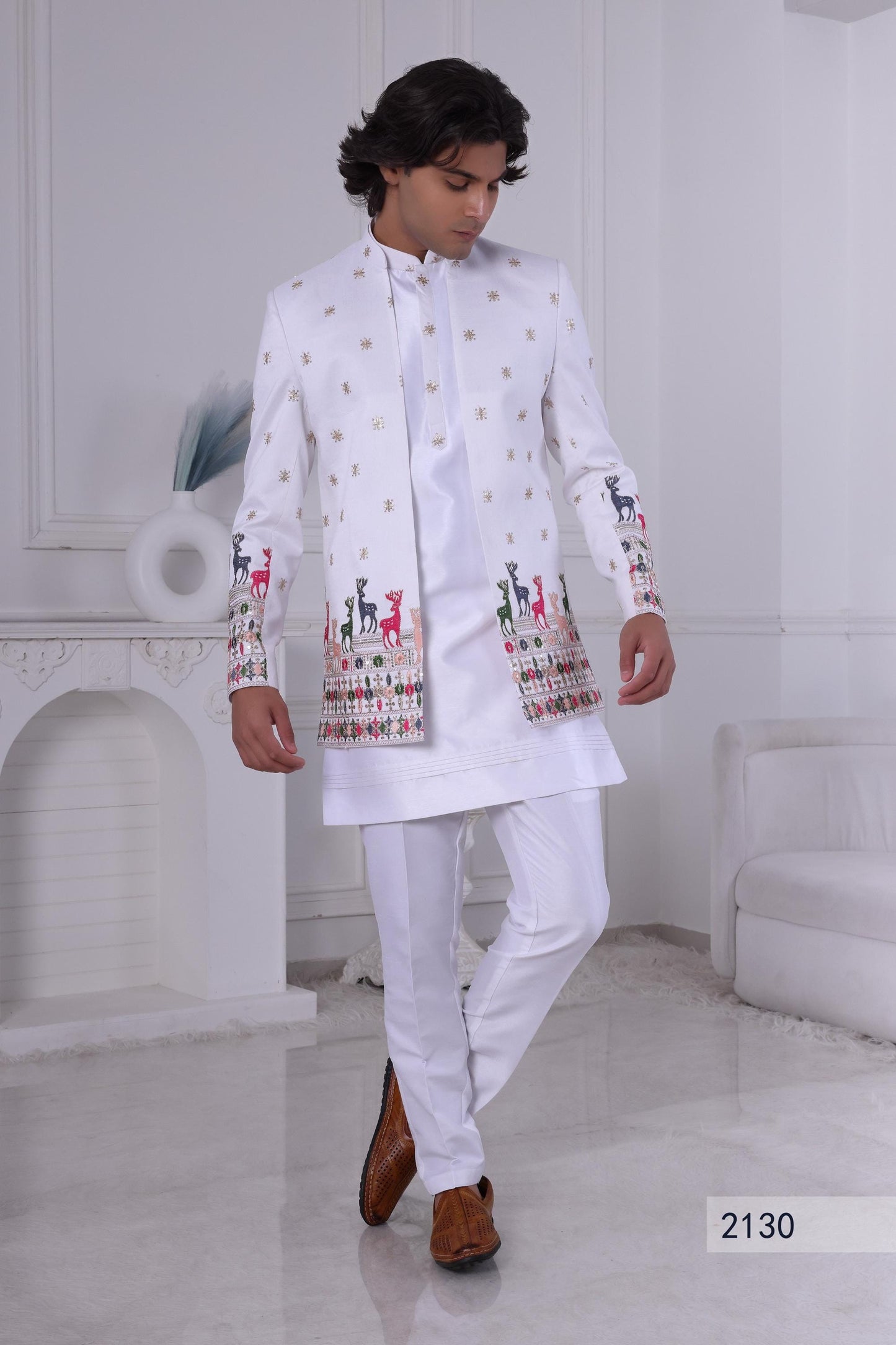 White Silk Blend Sherwani: Embroidered Deer, Indo-Western Suit