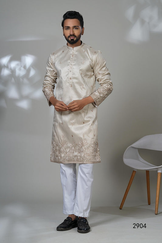 Embroidered Men's Kurta Set: Light Golden-Beige Formal Designer Kurta