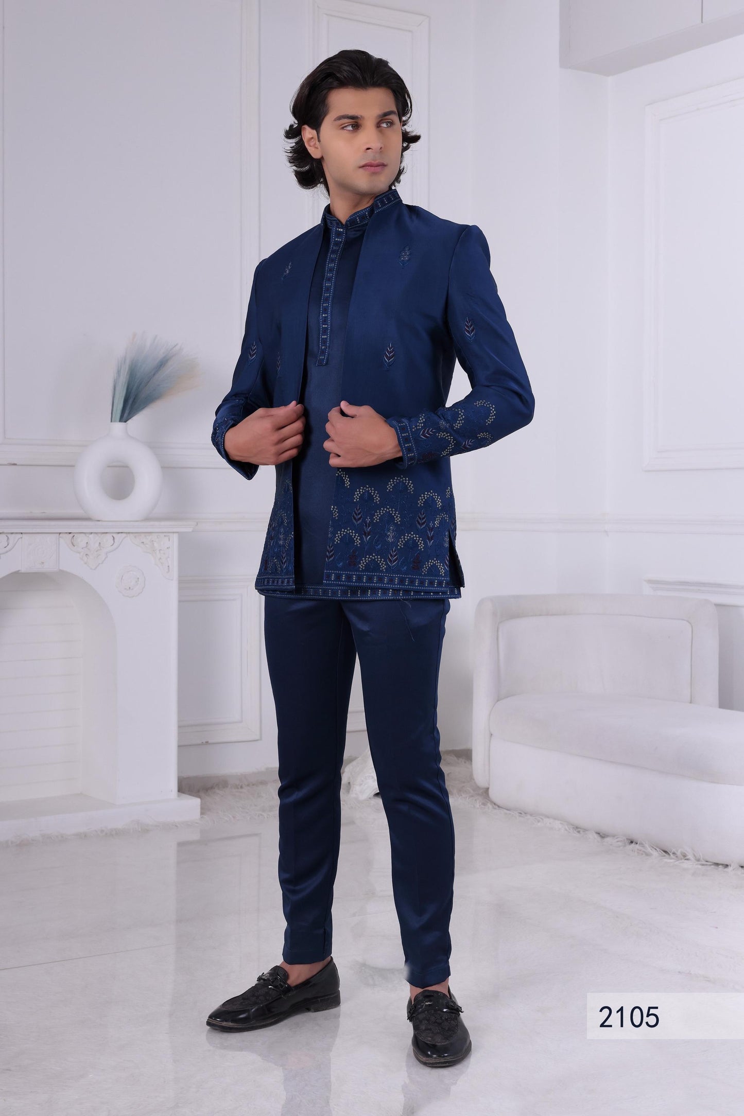 Embroidered Dark Blue Sherwani: Groom Wedding Outfit, Indo-Western Suit