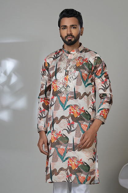 Men's Printed Kurta Set: Artistic Embellished Placket