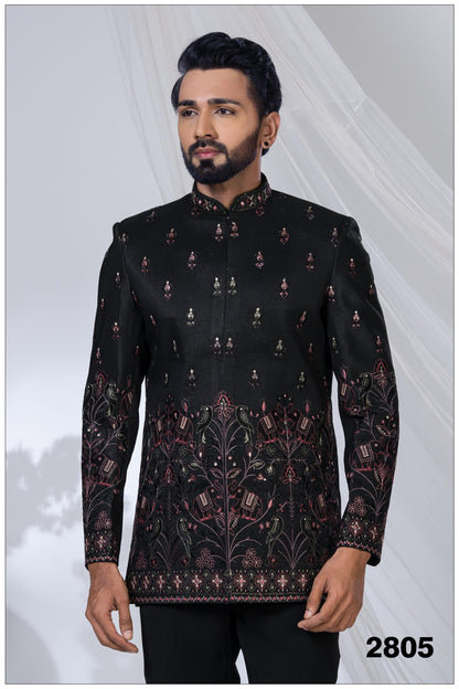 Luxury Black Bird Motif Bandhgala Suit | Modern Designer Reception Outfit | Indian Wedding Wear |