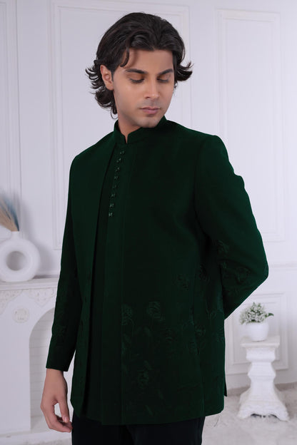 Dark Green Velvet Jodhpuri Suit with Floral Embroidery | Designer Bandhgala for Groom's Reception