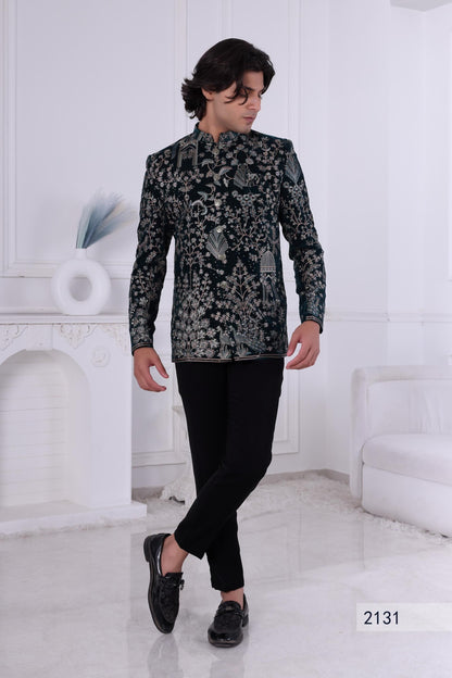 Emerald Green Velvet Jodhpuri Suit: Peacock Embroidery, Indian Groom Sherwani