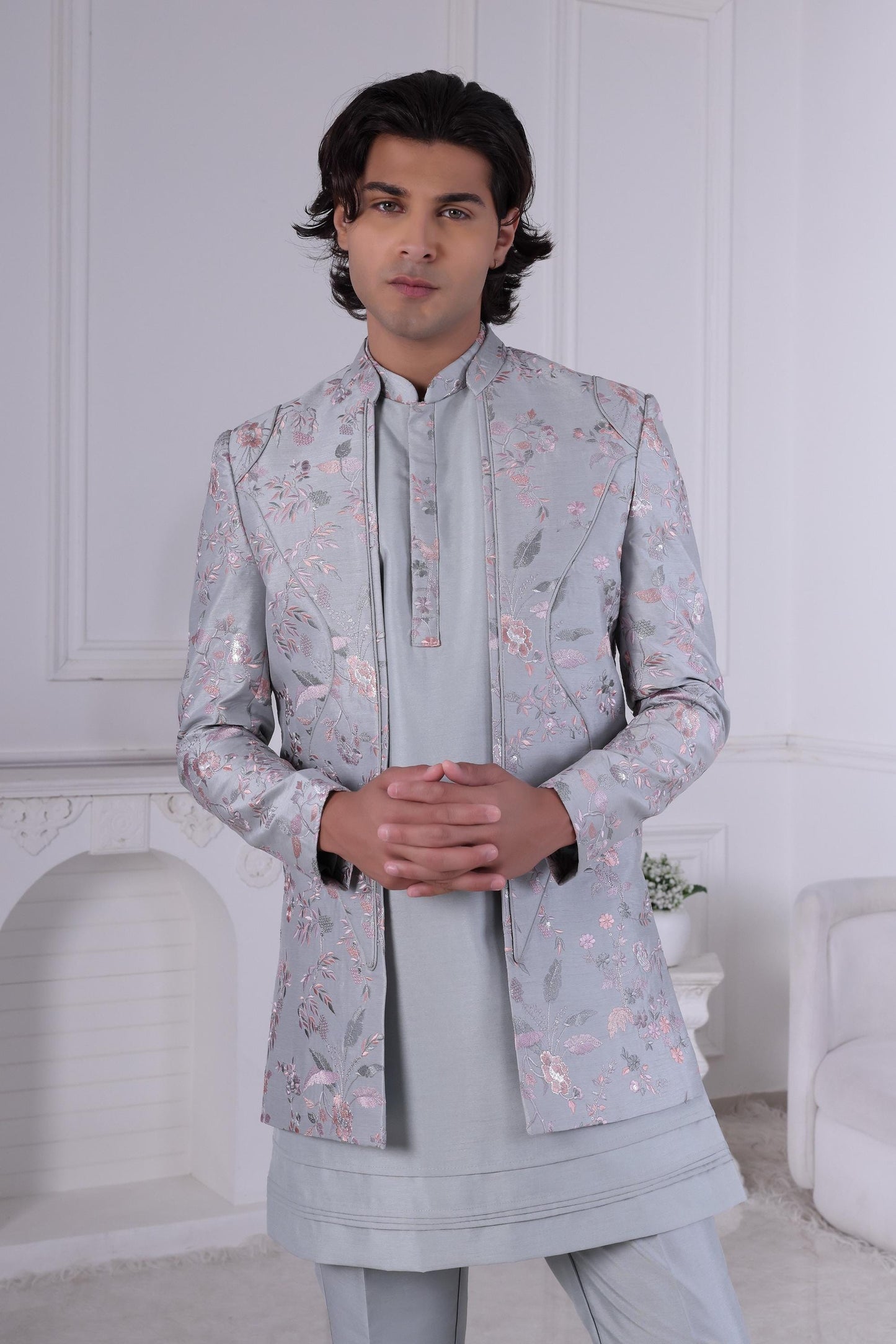 Floral Embroidered Light Grey Sherwani: Groom Wedding Outfit