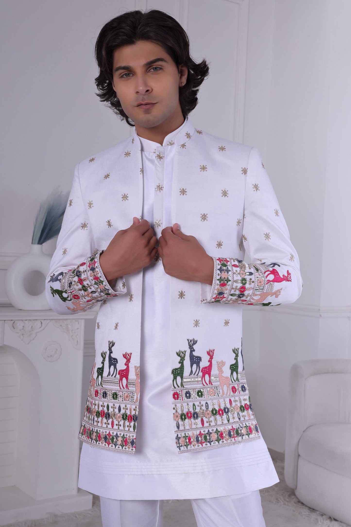 White Silk Blend Sherwani: Embroidered Deer, Indo-Western Suit