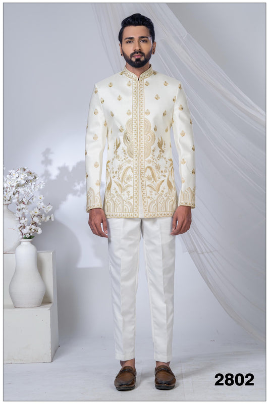 Regal Ivory Gold-Embroidered Bandhgala | Indian Sherwani | Groom Designer Sherwani