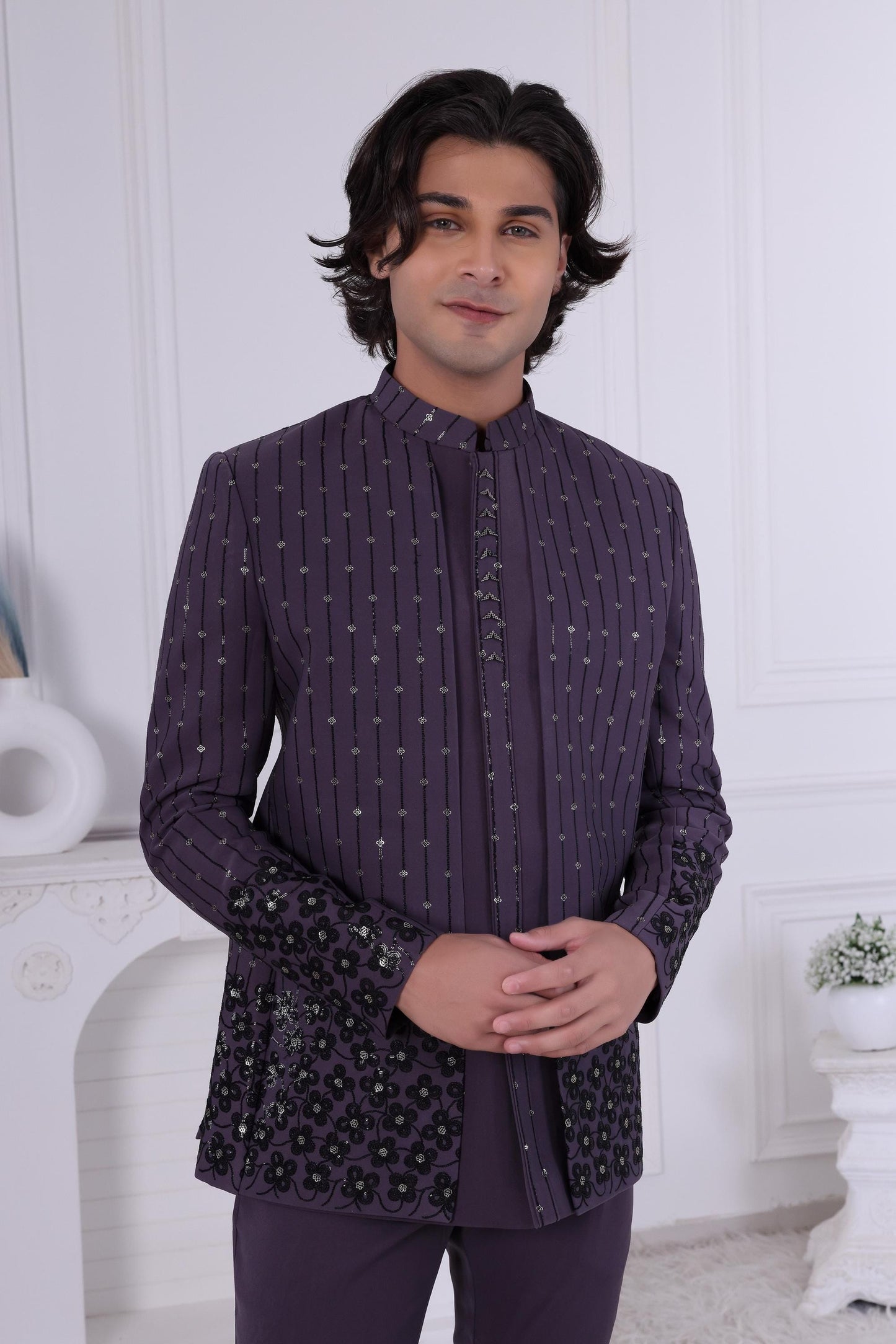 Men's Aubergine Sherwani: Sequin Indo-Western Suit, Cocktail Party Wear