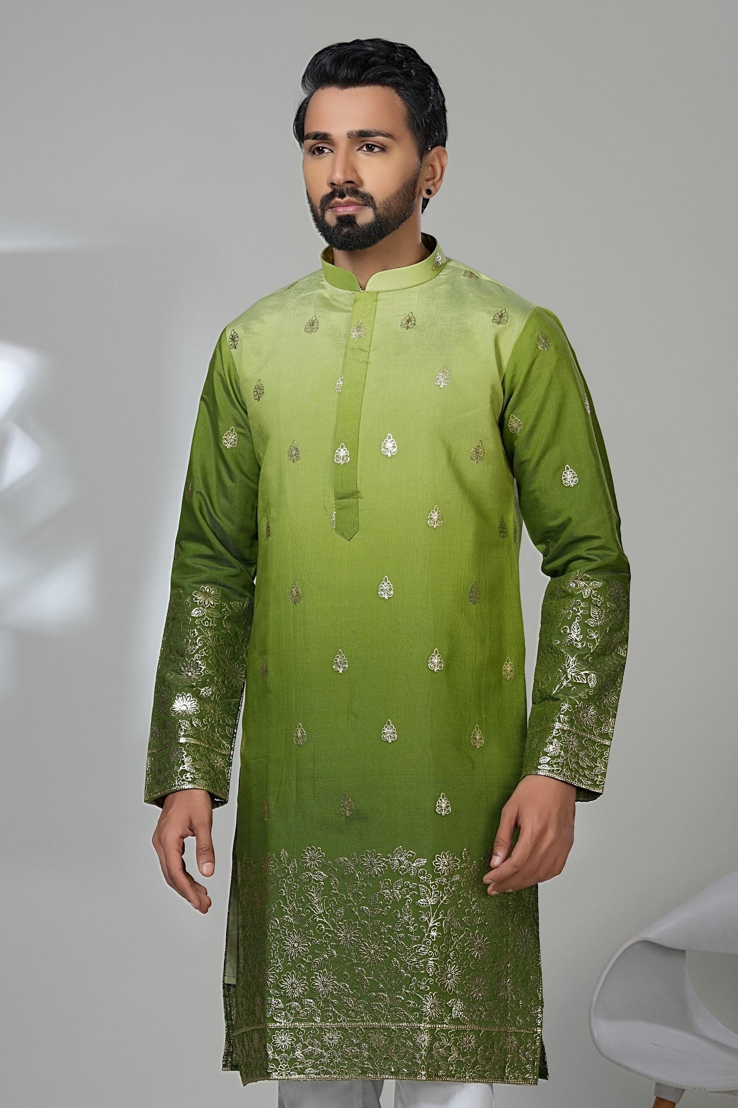 Men's Ombre Green Kurta with Gold Embroidery - Mehendi Sangeet Outfit