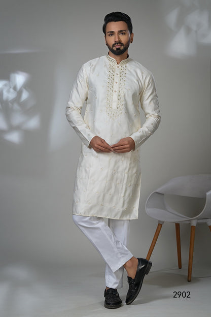 Men's Ivory Embroidered Kurta Set: Elegant Designer Trousers