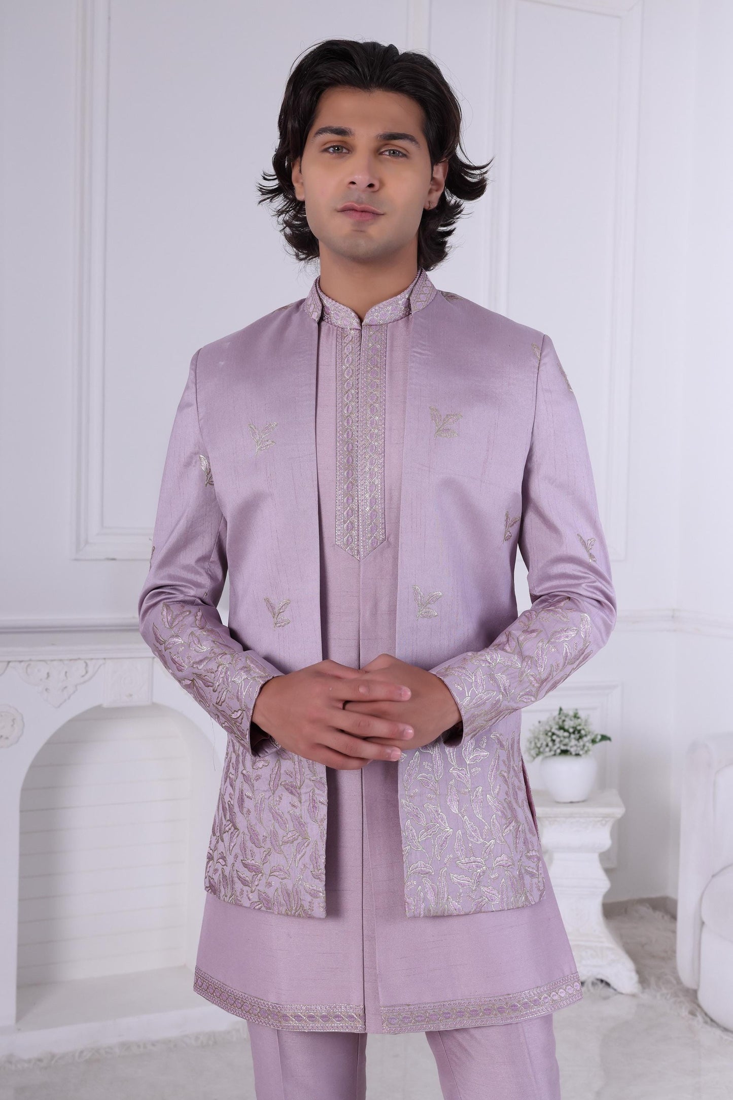 Embroidered Indo-Western Suit: Light Purple Raw Silk Sangeet Outfit