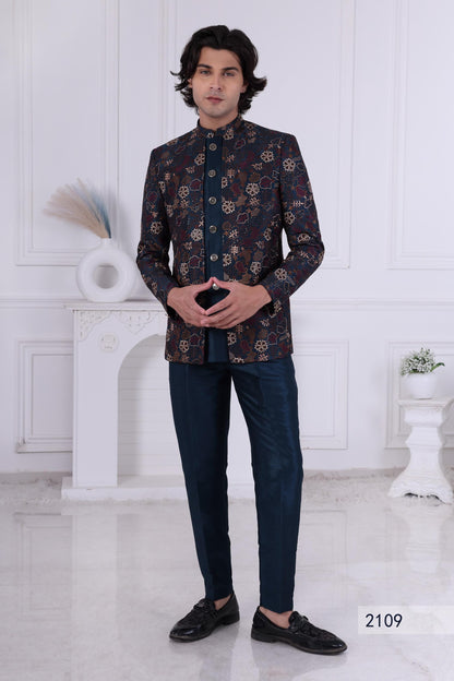 Embroidered Nehru Jacket Set: Indo Western Kurta Churidar Suit