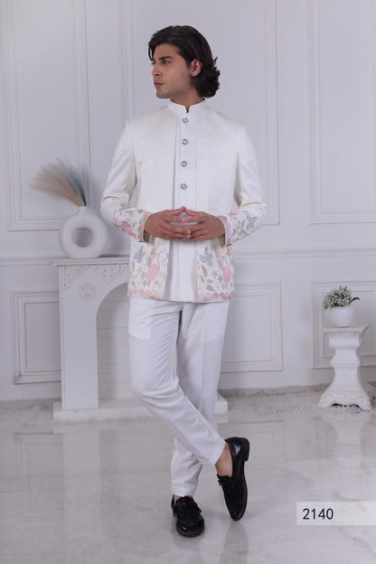Men's White Jodhpuri Suit: Pastel Embroidered Indo Western Sherwani