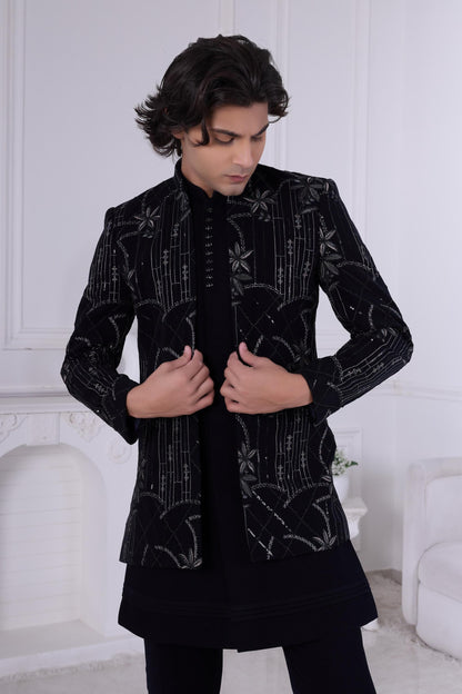 Black Sherwani for Men | Embroidered Indo-Western Jacket Suit | Indian Groom Wear | Reception & Wedding Outfit
