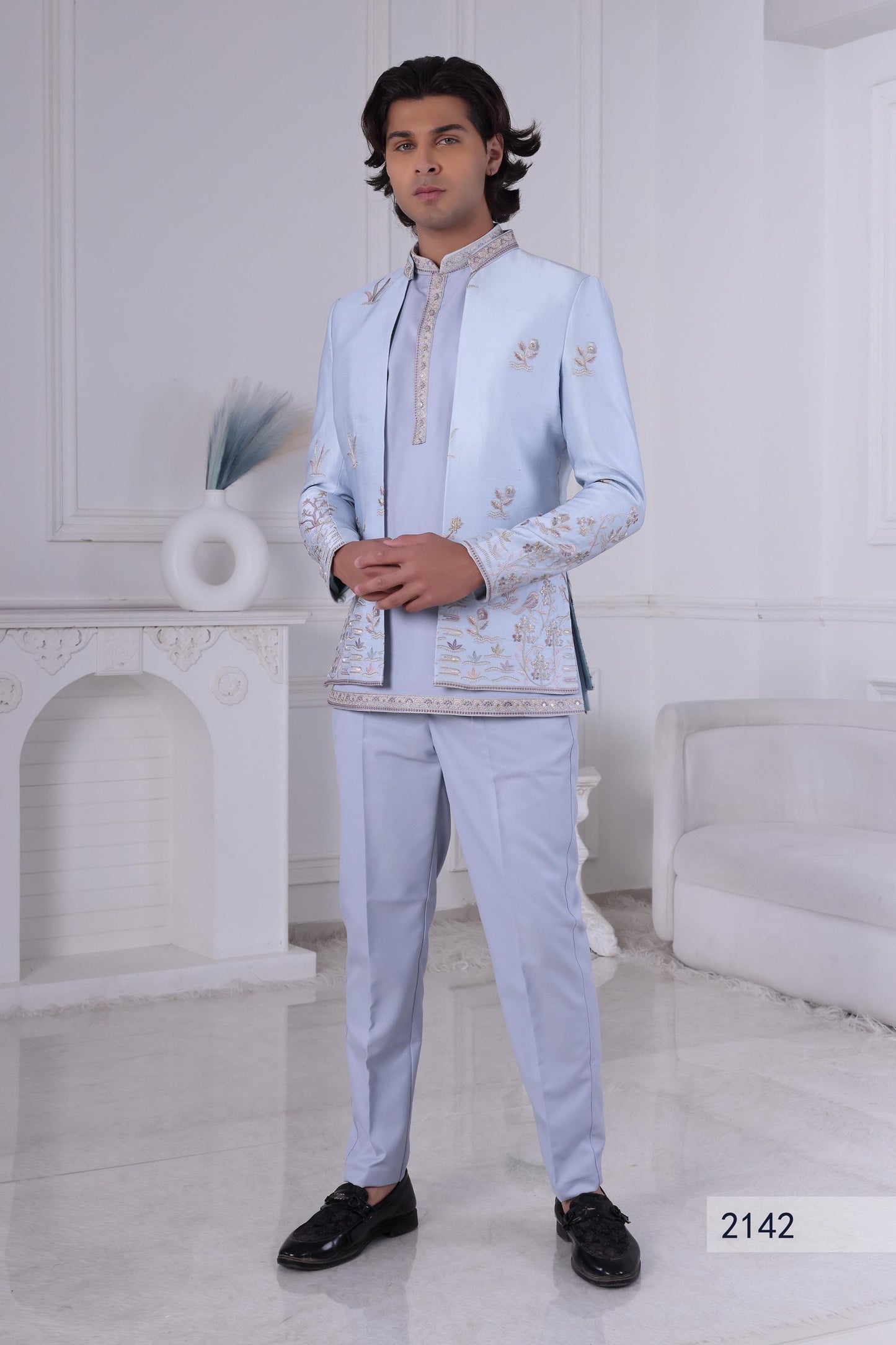 3-Piece Light Blue Indo-Western Suit | Indian Sherwani | Designer Jacket & Kurta | Groom's Sangeet Outfit