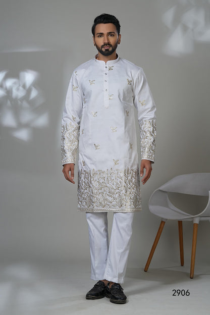Gold Leaf Embroidered White Kurta Set - Designer Menswear