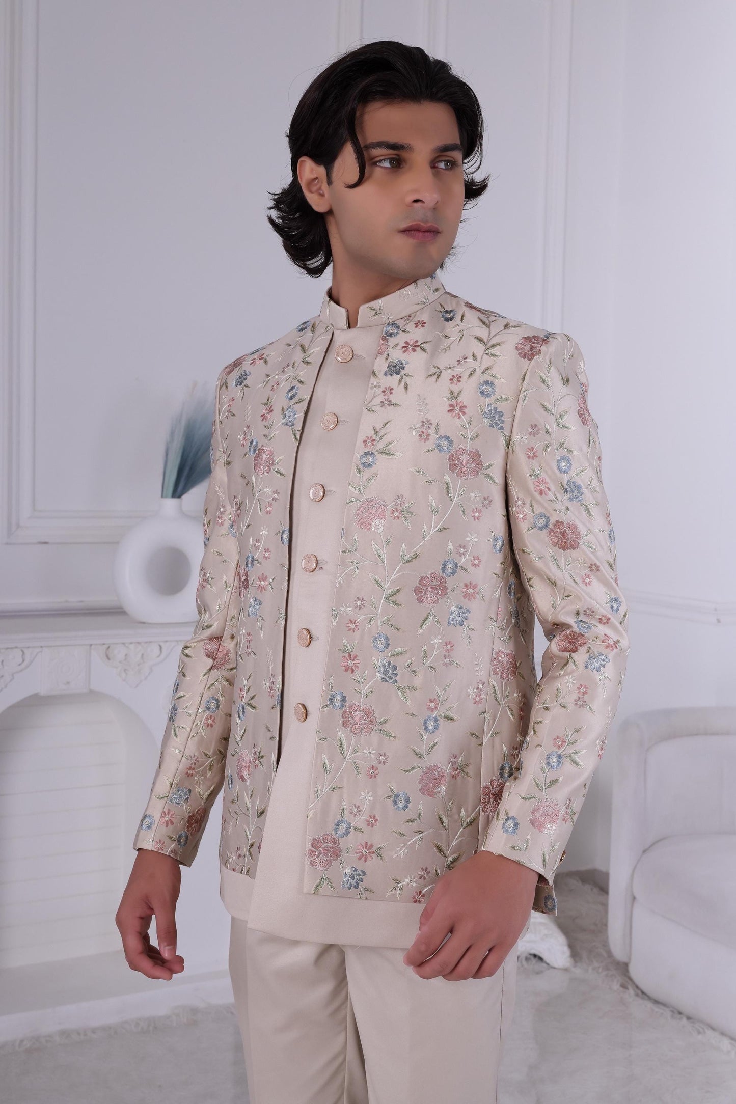 Cream Embroidered Sherwani for Men – Elegant Floral Design  Indian Wedding Outfit  Custom Tailored