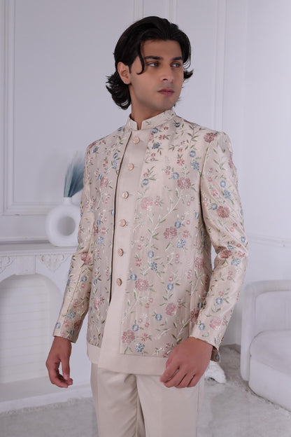 Cream Embroidered Sherwani for Men – Elegant Floral Design  Indian Wedding Outfit  Custom Tailored