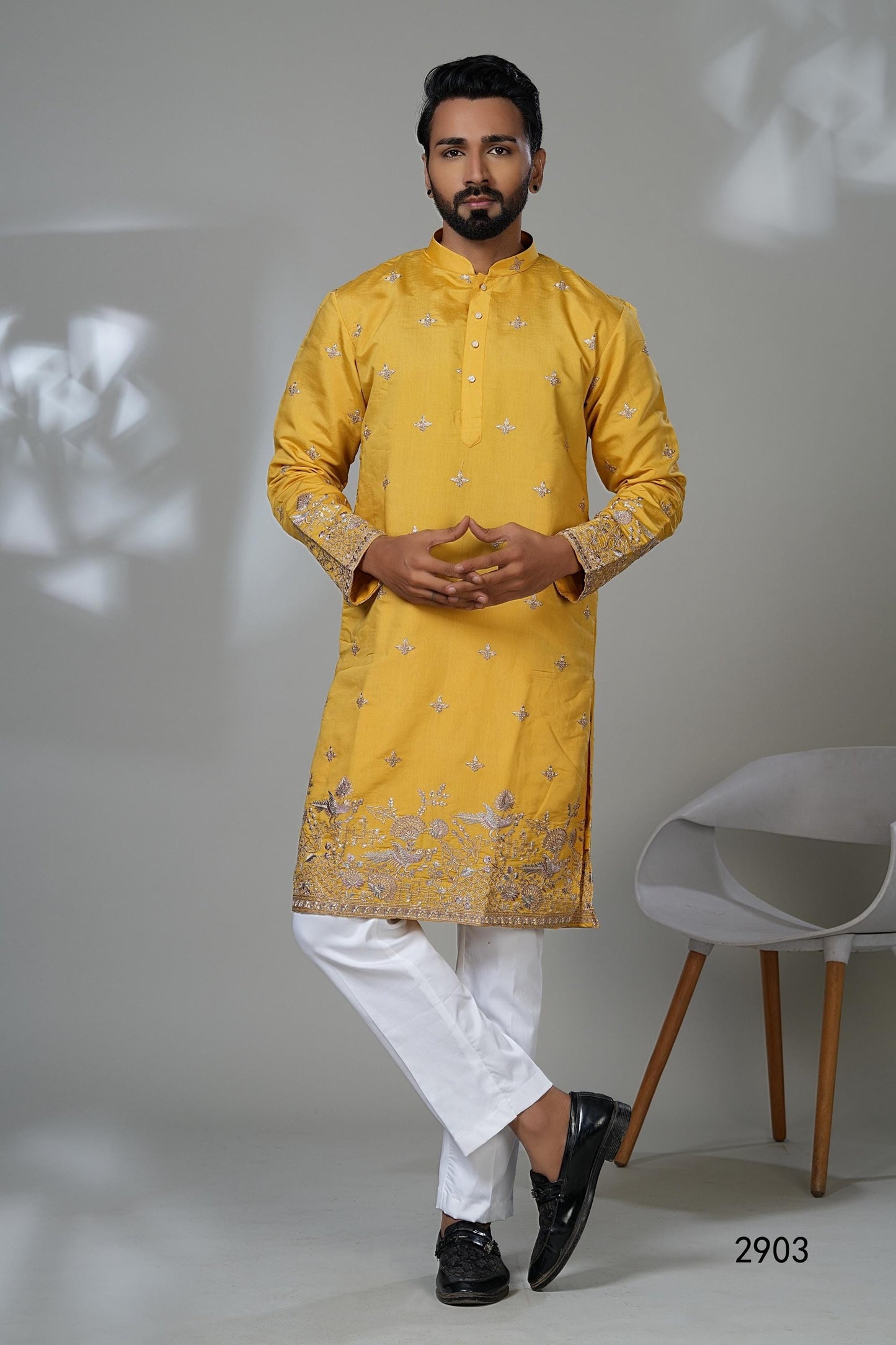Embroidered Yellow Kurta Set: Haldi Mehendi Ceremony Outfit
