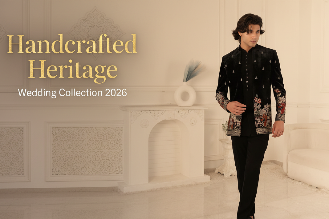 Man in a black embroidered suit walking in a white room with 'Handcrafted Heritage Wedding Collection 2026' text.