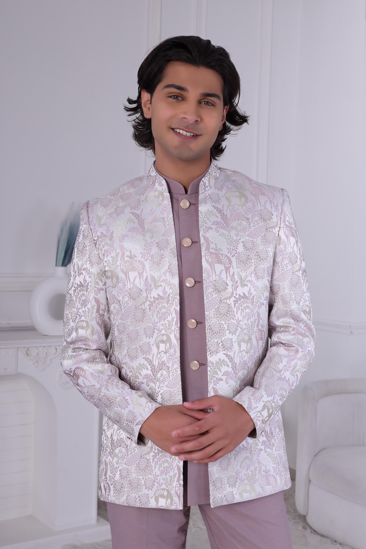 Lilac Jodhpuri Suit: Woven Jacquard Sherwani, Indian Groom Wedding Outfit