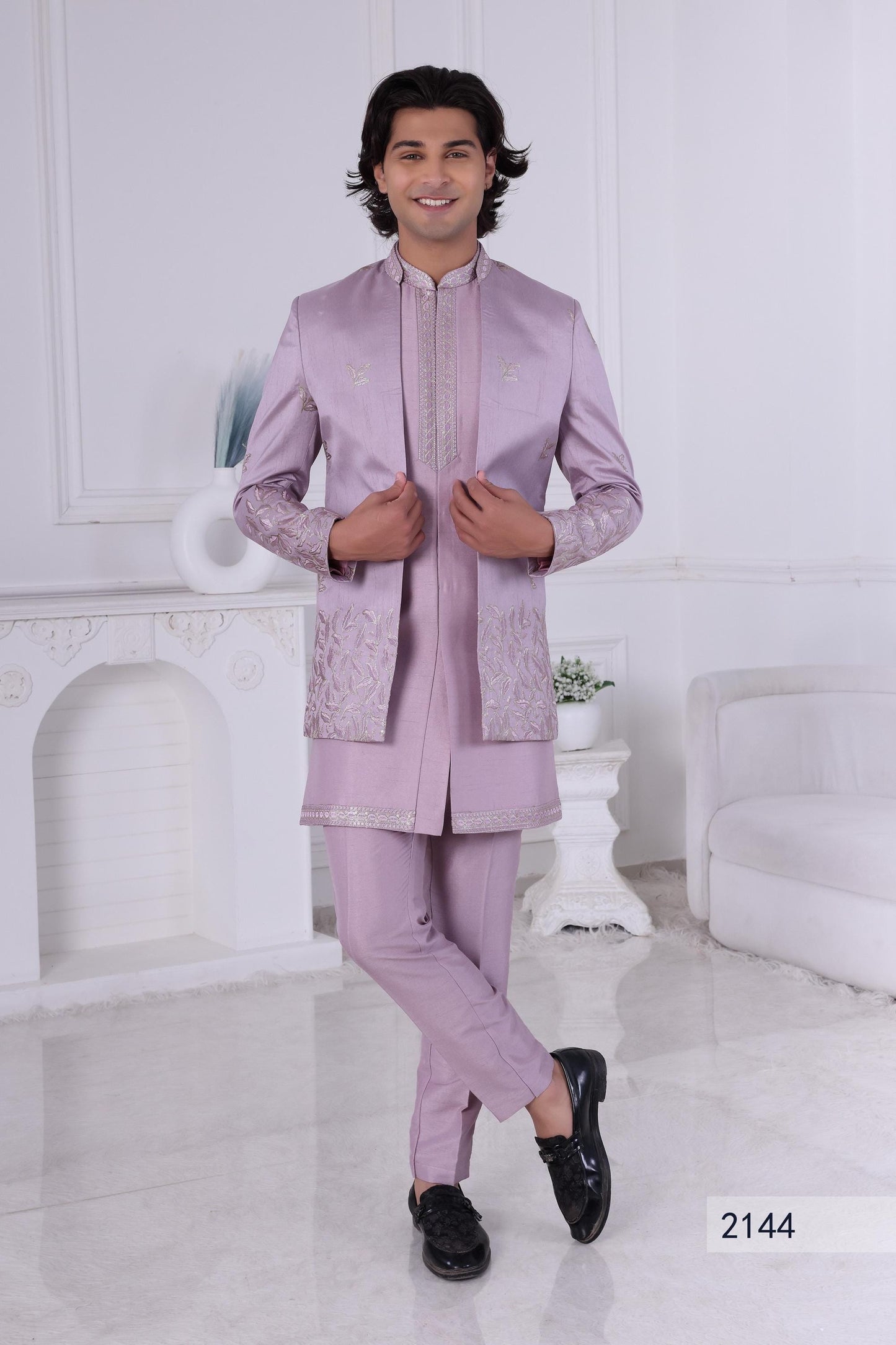 Embroidered Indo-Western Suit: Light Purple Raw Silk Sangeet Outfit
