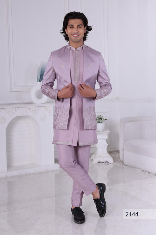 Embroidered Indo-Western Suit: Light Purple Raw Silk Sangeet Outfit
