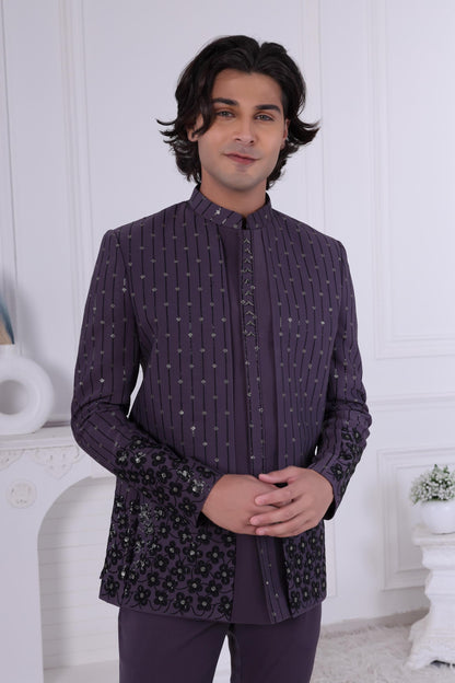 Men's Aubergine Sherwani: Sequin Indo-Western Suit, Cocktail Party Wear