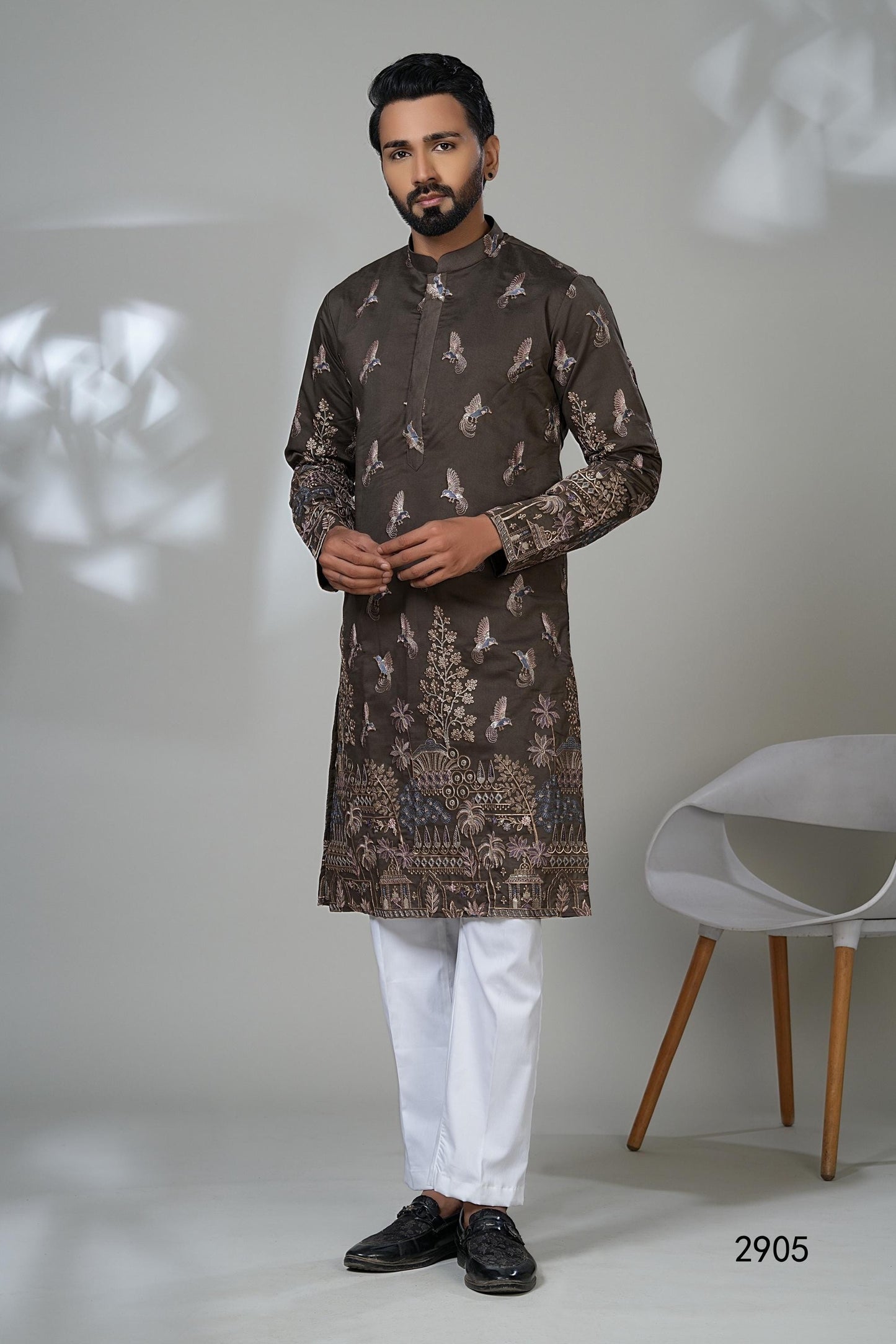 Embroidered Bird Kurta: Designer Dark Brown Kurta Set for Men