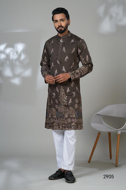 Embroidered Bird Kurta: Designer Dark Brown Kurta Set for Men