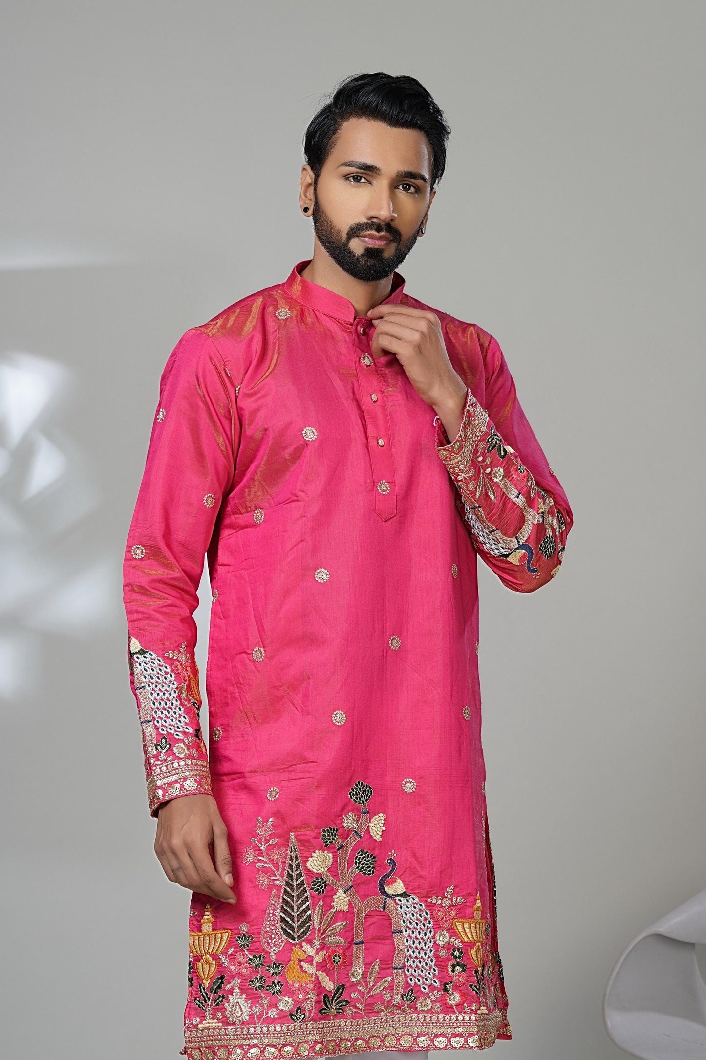 Bright Pink Kurta for Men: Multi-Color Peacock Embroidery Designer Kurta