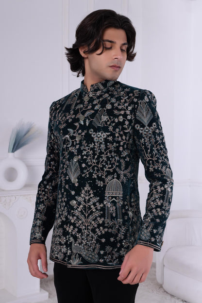 Emerald Green Velvet Jodhpuri Suit: Peacock Embroidery, Indian Groom Sherwani