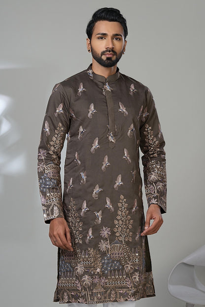 Embroidered Bird Kurta: Designer Dark Brown Kurta Set for Men