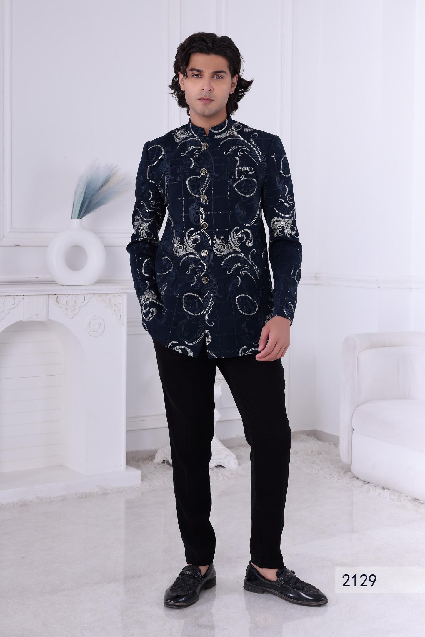 Navy Blue Jodhpuri Suit: Silver Baroque Embroidered Bandhgala - Indian Groom Sherwani