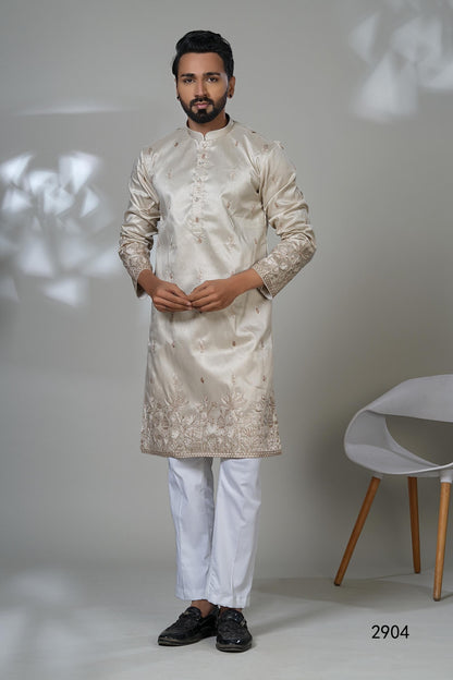 Embroidered Men's Kurta Set: Light Golden-Beige Formal Designer Kurta